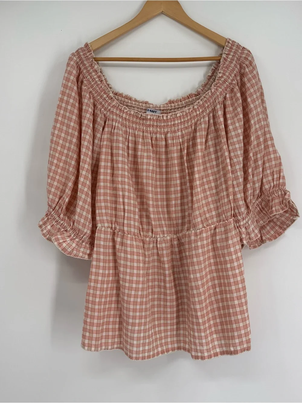 Old Navy Women's Top Pink Plaid Puff Sleeves Milkmaid Babydoll Size 4X Smocking